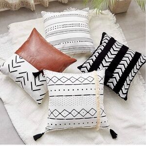 CDWERD Boho 18x18” Pillow Covers Set of 4 Faux Leather, linen, Fringe Tassels